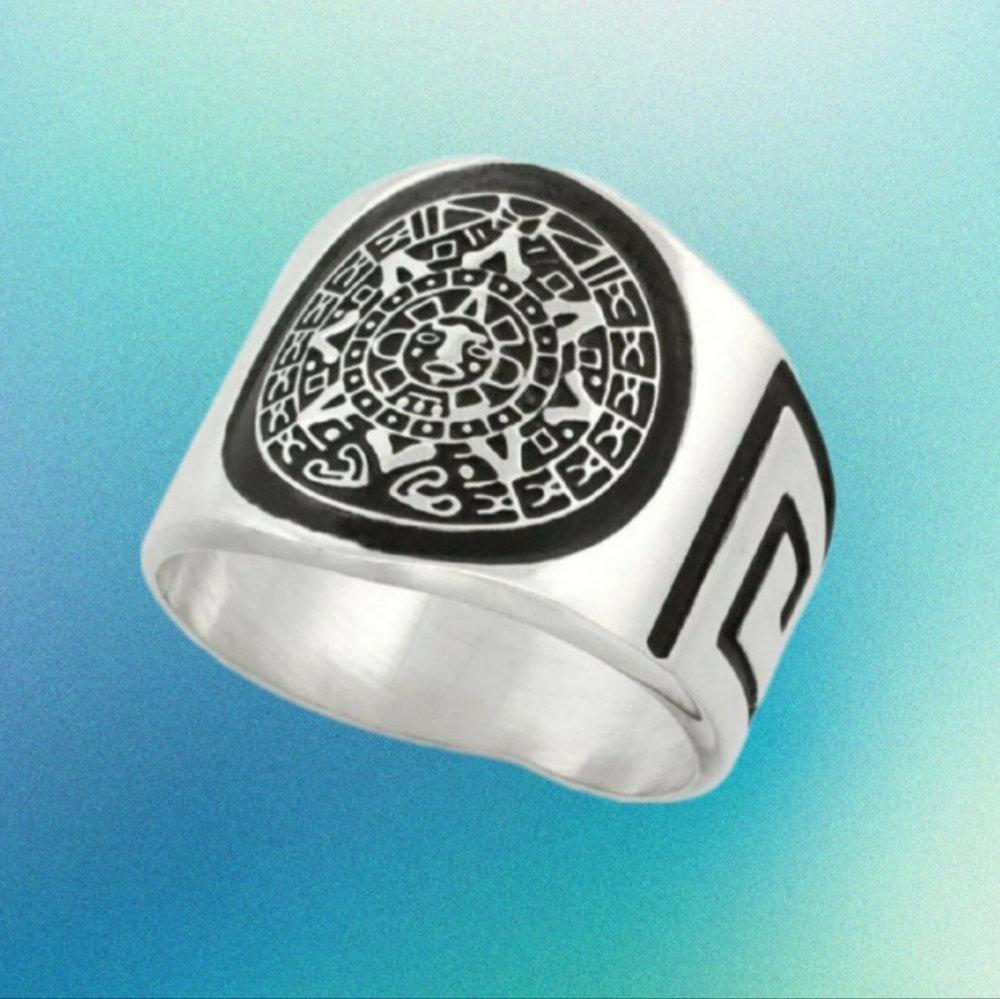 Men's Sterling Silver AZTEC CALENDAR Ring with GREEK KEY PATTERN Chicano Style